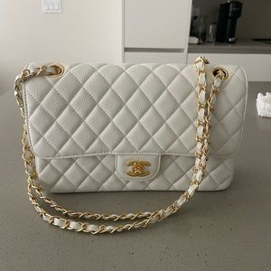 White leather with gold chain inspired purse